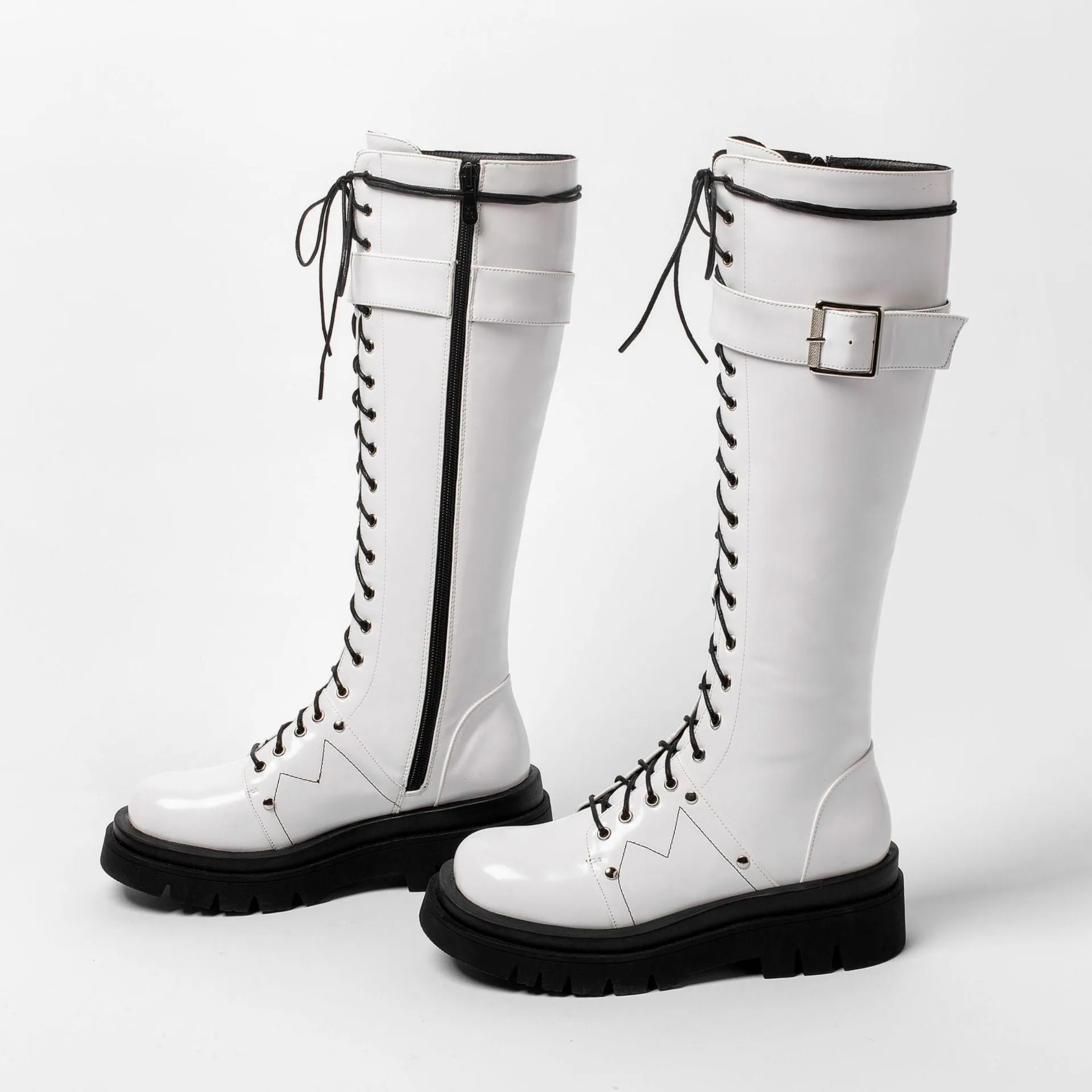Women's thick platform knee high combat boots with buckle cool lace-up martin boots with zipper