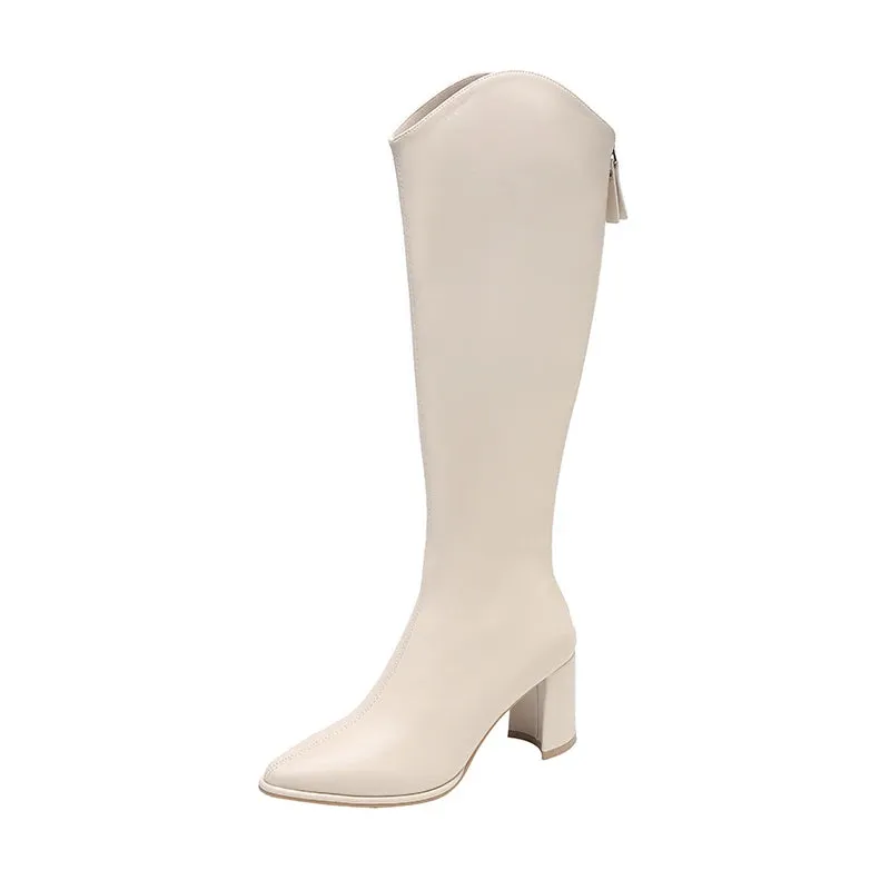 Women's Zipper Thick High Heels Knee High Boots