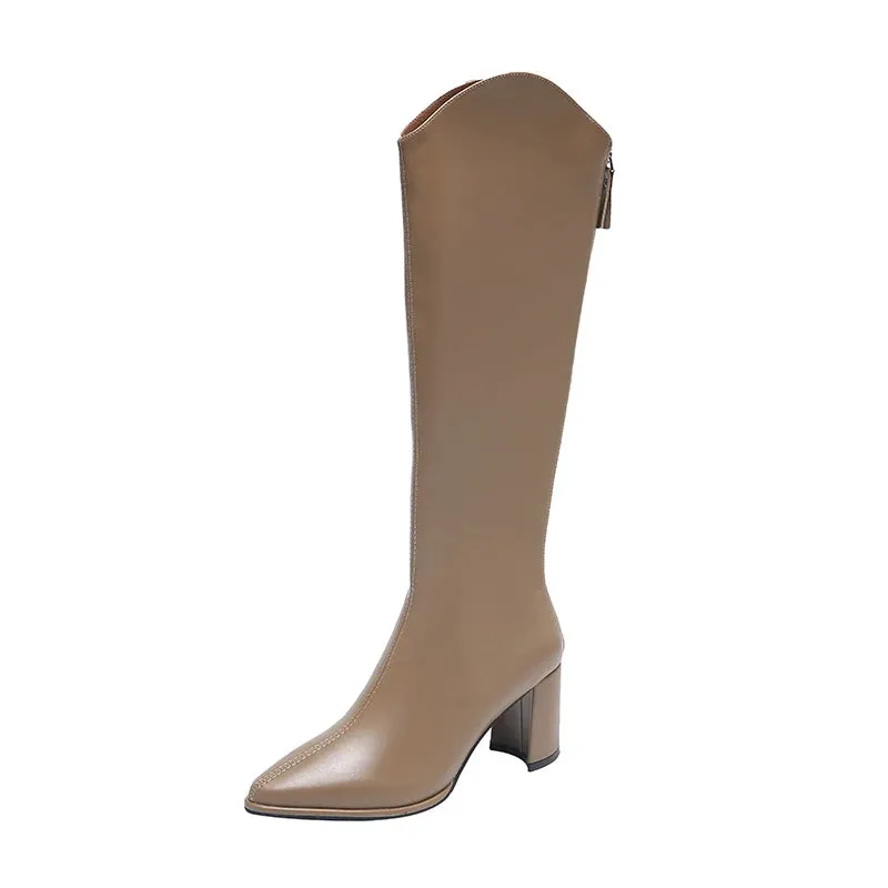 Women's Zipper Thick High Heels Knee High Boots