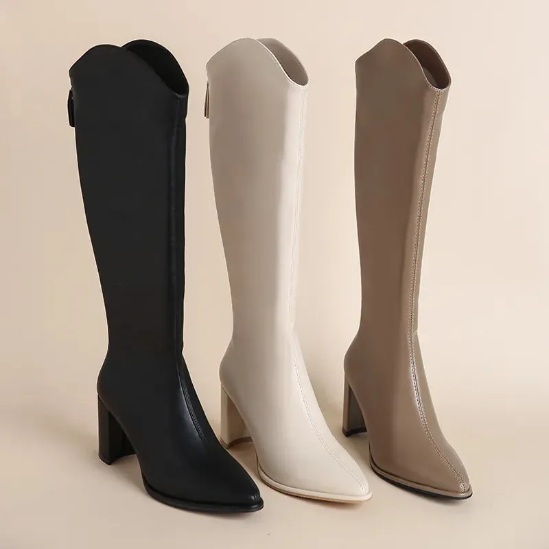 Women's Zipper Thick High Heels Knee High Boots