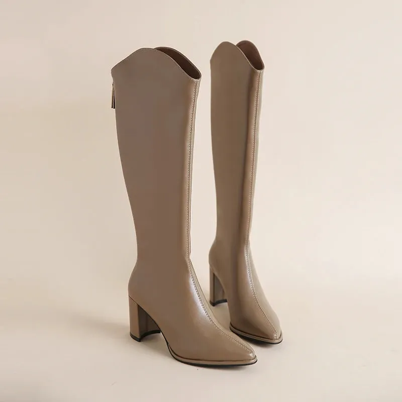 Women's Zipper Thick High Heels Knee High Boots