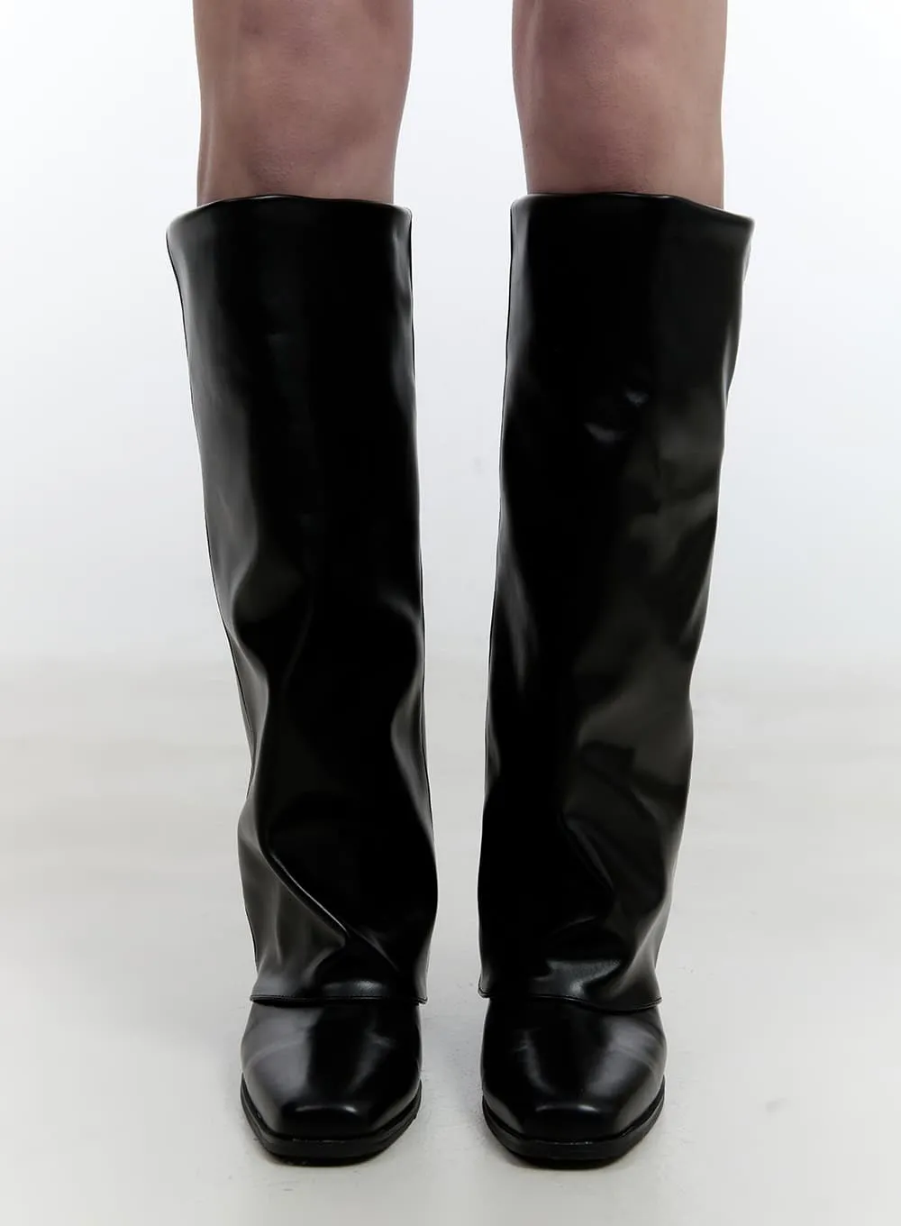 Wrinkled Faux-Leather Knee-High Boots CJ520