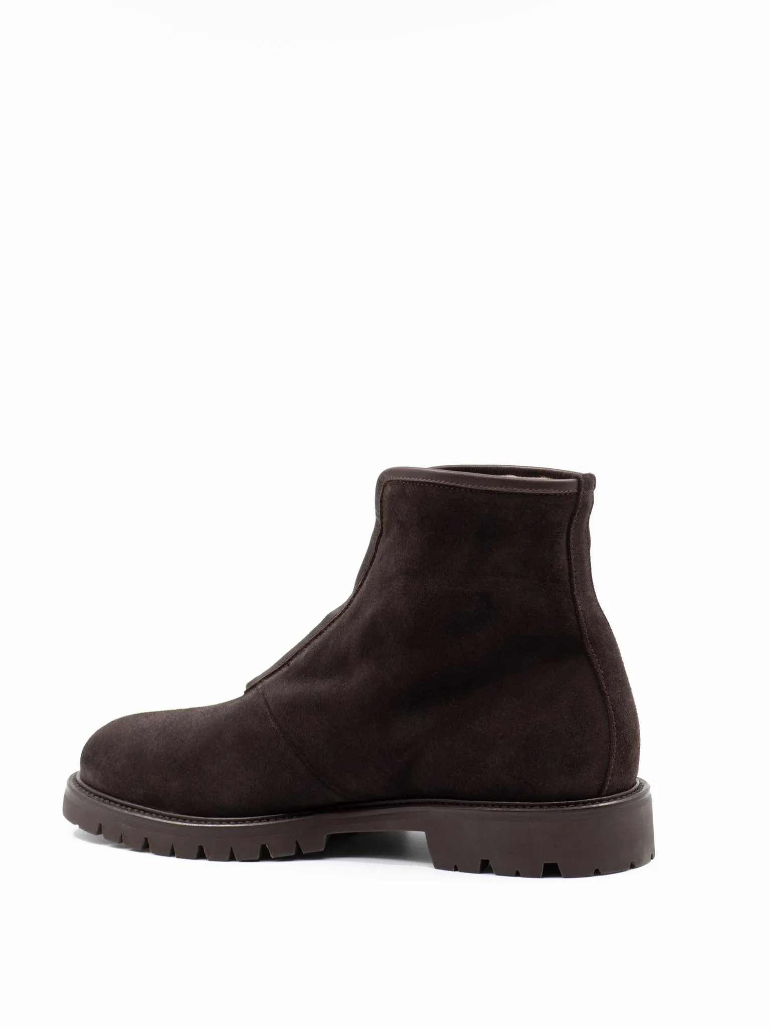 Zip-front shearling-lined ankle boots in brown suede